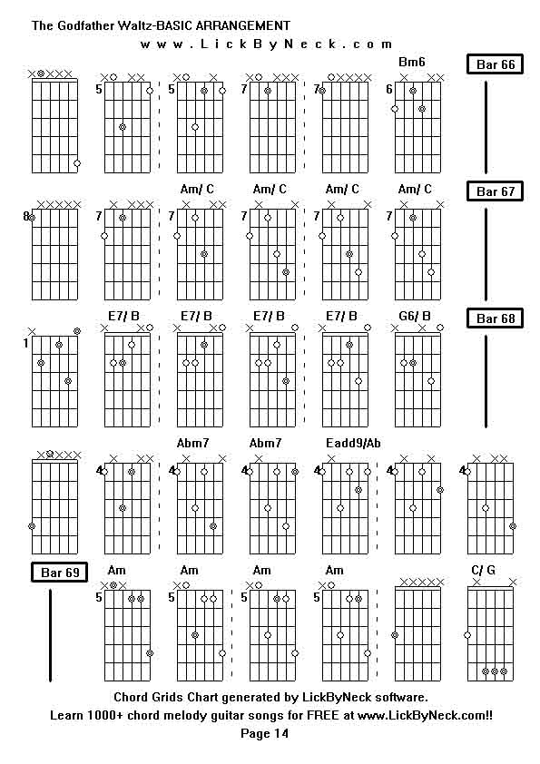 Chord Grids Chart of chord melody fingerstyle guitar song-The Godfather Waltz-BASIC ARRANGEMENT,generated by LickByNeck software.